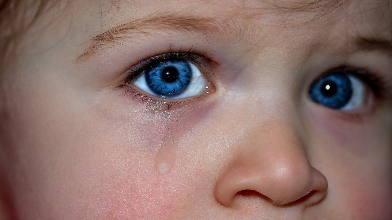 child's eyes and a tear running down the cheek