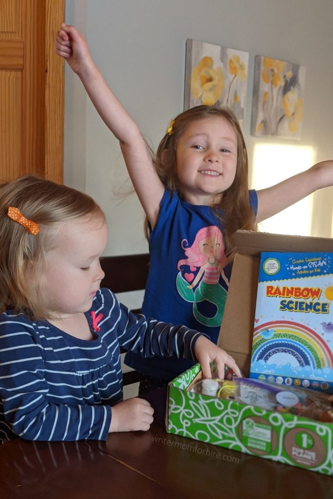 my girls with their green kid crafts rainbow science box