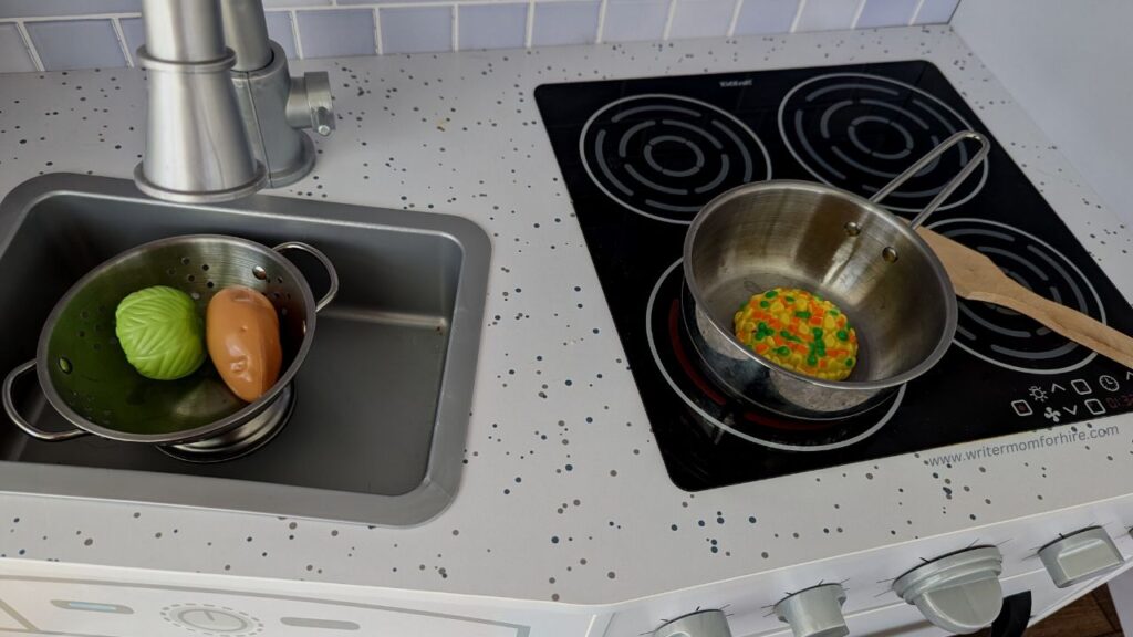 kitchen set with pretend food and play pots