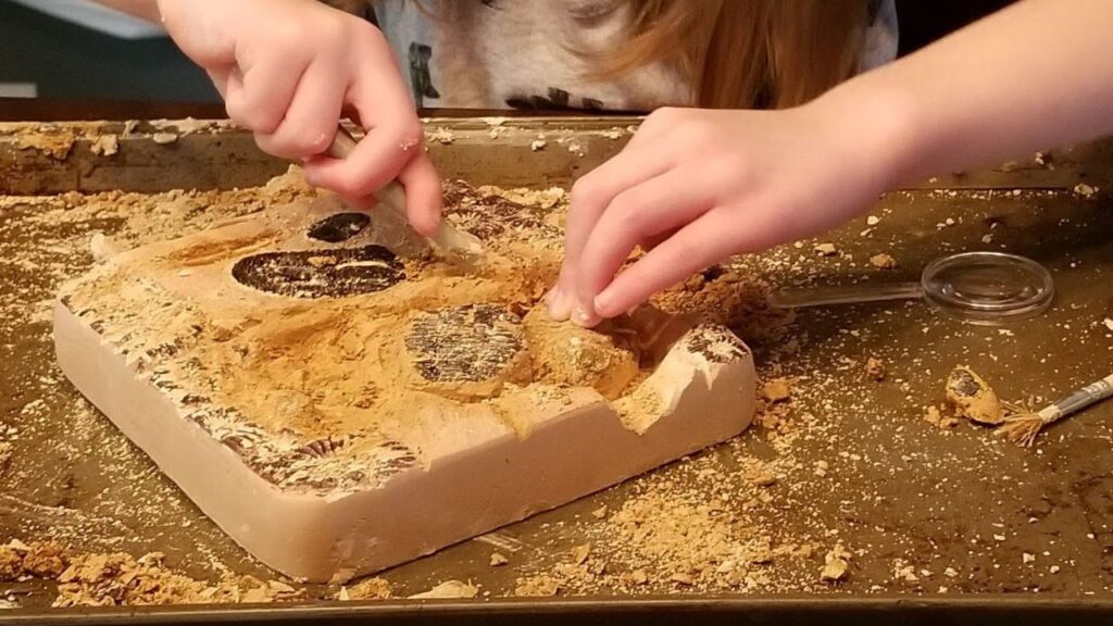 my daughter working on a fossil dig activity -- a perfect consumable gift idea for kids!